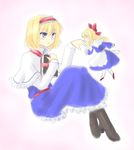  alice_margatroid blonde_hair blue_eyes book book_hug bow capelet cross-laced_footwear doll dress frilled_dress frills grimoire_of_alice hair_bow hairband hand_kiss holding holding_book isaki_(gomi) kiss pantyhose shanghai_doll short_hair sketch smile touhou 