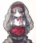  akemi_homura akuma_homura bare_shoulders black_dress black_gloves black_hair black_wedding_dress blush bouquet bow choker dark_orb_(madoka_magica) dress elbow_gloves fc_(efushii) flower gloves hair_bow head_wreath long_hair looking_at_viewer mahou_shoujo_madoka_magica mahou_shoujo_madoka_magica_movie purple_eyes red_flower red_rose rose simple_background smile solo veil wedding_dress white_background 