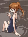  ass brown_background brown_eyes brown_hair glasses long_hair looking_at_viewer minami_mirei one-piece_swimsuit ponytail pretty_(series) pripara rohitsuka school_swimsuit sitting sketch smile solo swimsuit 