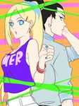  1boy 1girl black_hair blonde_hair blue_eyes blue_nails bracelet cyacky earrings jewelry long_hair looking_at_viewer nail_polish nara_shikamaru naruto ponytail yamanaka_ino 