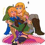  1girl armor armored_boots blonde_hair blue_eyes blush boots brown_footwear carrying earrings gloves hat jewelry knee_boots link long_hair metal_boots pointy_ears princess_carry princess_zelda scarf smile the_legend_of_zelda thighhighs tiara yellow_footwear you_gonna_get_raped zelda_musou 