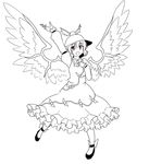  bird_wings dress frilled_dress frilled_sleeves frills greyscale hand_on_own_chest hat highres isaki_(gomi) long_sleeves monochrome music mystia_lorelei red_eyes singing spot_color touhou winged_hat wings 
