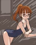 brown_background brown_eyes brown_hair glasses long_hair looking_at_viewer minami_mirei one-piece_swimsuit ponytail pretty_(series) pripara rohitsuka school_swimsuit sketch smile solo swimsuit 