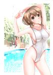  arms_up brown_hair competition_swimsuit long_hair mashinatsu one-piece_swimsuit original ponytail short_hair stretch swimsuit 