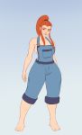  1girl barefoot breasts brigitte_(overwatch) brown_eyes feet freckles full_body grey_background high_ponytail highres lips long_hair long_legs looking_at_viewer medium_breasts naked_overalls nanodeath no_bra nose orange_hair overalls overwatch pants pants_rolled_up ponytail sideboob sidelocks solo standing thick_thighs thighs toes 
