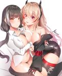 2girls artist_name black_hair breasts cleavage girls_frontline heterochromia large_breasts m4_sopmod_ii_(girls_frontline) maze_yuri multiple_girls name_tag object_on_breast open_clothes open_shirt orange_eyes pink_hair red_eyes ro635_(girls_frontline) skirt skirt_removed thighhighs yellow_eyes 