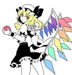  :d apple ascot blonde_hair flandre_scarlet food frilled_skirt frills fruit hat isaki_(gomi) looking_at_viewer looking_back mob_cap open_mouth puffy_short_sleeves puffy_sleeves red_eyes short_hair short_sleeves side_ponytail skirt smile touhou vest wings 