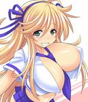  :d blonde_hair breasts green_eyes katsuragi_(senran_kagura) large_breasts ribbon school_uniform senran_kagura skirt tie 