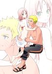  1girl ass barefoot black_pants blonde_hair blue_eyes blush bottomless breasts couple embarrassed facial_mark green_eyes haruno_sakura head_tilt invisible_chair nanji3 naruto naruto_(series) pants pink_hair shiny shiny_skin short_hair sitting small_breasts standing uzumaki_naruto wet white_bikini_top zoom_layer 