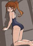  ass brown_background brown_eyes brown_hair glasses kneeling long_hair minami_mirei one-piece_swimsuit ponytail pretty_(series) pripara rohitsuka school_swimsuit sketch solo swimsuit 