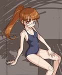  brown_background brown_eyes brown_hair glasses long_hair looking_at_viewer minami_mirei one-piece_swimsuit ponytail pretty_(series) pripara rohitsuka school_swimsuit sitting sketch smile solo swimsuit 