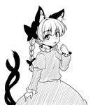  animal_ears braid cat_ears cat_tail dress frilled_sleeves frills greyscale isaki_(gomi) kaenbyou_rin long_sleeves monochrome multiple_tails short_hair tail touhou twin_braids 