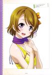  bare_shoulders blush brown_hair female girl hair_ornament highres inou_shin koizumi_hanayo love_live!_school_idol_project neckerchief open_mouth otono_natsu purple_eyes scan short_hair simple_background single solo tall white 