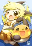  :o arms_behind_head arms_up black_gloves blonde_hair blush bow bubble cafe_(chuu_no_ouchi) collarbone elbow_gloves flat_chest gen_1_pokemon gloves highres looking_at_another open_mouth orange_bow overalls personification pokemon pokemon_(creature) raichu solo tail yellow_eyes 