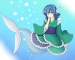  blue_eyes blue_hair frilled_kimono frills head_fins isaki_(gomi) japanese_clothes kimono long_sleeves mermaid monster_girl obi sash short_hair touhou wakasagihime wide_sleeves 
