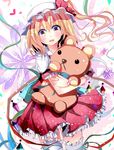  absurdres asymmetrical_hair asymmetrical_wings bad_id bad_pixiv_id blonde_hair dress flandre_scarlet hat highres looking_at_viewer mob_cap object_hug puffy_short_sleeves puffy_sleeves red_dress red_eyes short_hair short_sleeves side_ponytail smile solo stuffed_animal stuffed_toy teddy_bear thighhighs touhou umi_no_suzuka wings zettai_ryouiki 