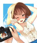  ;d arms_up blush brown_eyes brown_hair camera cloud day hands_on_headwear hat kinugasa_yuuichi looking_at_viewer one_eye_closed open_mouth original pov scrunchie short_hair sky sleeveless smile solo_focus straw_hat wrist_scrunchie 