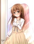  alternate_costume alternate_hairstyle artist_name blush brown_eyes brown_hair casual dress hair_down hand_on_own_chest haryuu_(poetto) inazuma_(kantai_collection) kantai_collection long_sleeves looking_at_viewer mirror reflection signature skirt_hold smile solo 