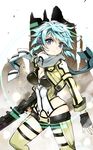  anti-materiel_rifle aqua_eyes aqua_hair breasts cleavage fingerless_gloves gloves gun medium_breasts naitou_ryuu pgm_hecate_ii rifle scarf short_hair short_shorts shorts sinon sniper_rifle solo sword_art_online weapon 