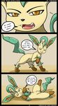  2014 absurd_res brown_eyes dialog eeveelution english_text female feral hi_res kuroodod leaf leafeon lying nintendo on_back pok&eacute;mon pussy slit_pupils solo standing text video_games 
