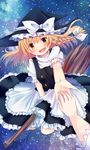  :d alice_margatroid asanagi_kurumi_(panda-doufu) blonde_hair bow braid broom broom_riding flying frilled_skirt frills hat hat_bow highres kirisame_marisa open_mouth orange_eyes out_of_frame pov pov_hands puffy_short_sleeves puffy_sleeves short_sleeves side_braid skirt sky smile solo_focus star_(sky) starry_sky touhou white_bow witch_hat 