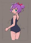  ass bow brown_background cropped_legs double_bun from_behind green_eyes hair_bow looking_at_viewer looking_back manaka_lala one-piece_swimsuit open_mouth pretty_(series) pripara purple_hair rohitsuka school_swimsuit short_hair sketch solo swimsuit 