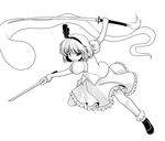  alternate_eye_color frilled_skirt frills greyscale isaki_(gomi) katana konpaku_youmu konpaku_youmu_(ghost) monochrome puffy_short_sleeves puffy_sleeves red_eyes short_hair short_sleeves skirt spot_color sword touhou vest wakizashi weapon 