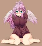  ahoge alternate_costume angel angel_wings archangel_metatron_(p&amp;d) bare_legs barefoot between_legs blue_eyes blush bottomless breasts feathered_wings full_body impossible_clothes impossible_sweater large_breasts long_hair long_sleeves noako_(por1212) open_mouth pink_hair ponytail puzzle_&amp;_dragons ribbed_sweater sitting solo sweatdrop sweater v_arms wariza wavy_hair wings 