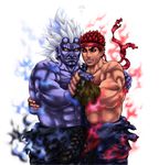  2boys angry bara black_sclera capcom dark_persona dark_skin dougi evil evil_ryuu eyebrows f-15jrs fangs fingerless_gloves fire flames gloves hand_holding headband hug incest kuruoshiki_oni male male_focus multiple_boys muscle no_pupils red_eyes red_hair rope simple_background spiked_hair street_fighter street_fighter_iv super_street_fighter_iv teeth thick_eyebrows topless torn_clothes uncle_and_nephew white_background white_hair yaoi yellow_eyes 