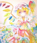  ascot blonde_hair bow flandre_scarlet hat hat_bow highres red_eyes sash side_ponytail solo stuffed_animal stuffed_bunny stuffed_toy touhou traditional_media wadani_hitonori watercolor_(medium) wings 
