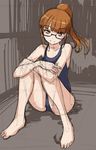  barefoot brown_background brown_eyes brown_hair glasses long_hair looking_at_viewer minami_mirei one-piece_swimsuit ponytail pretty_(series) pripara rohitsuka school_swimsuit sitting sketch smile solo swimsuit 