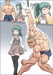  1girl black_legwear comic gachon_jirou grappler_baki green_eyes green_hair jack_hammer long_hair muscle scar short_hair stance thighhighs translated very_short_hair 