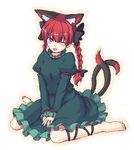  ;d animal_ears barefoot braid cat_ears cat_tail dress frilled_dress frilled_sleeves frills isaki_(gomi) kaenbyou_rin long_sleeves multiple_tails one_eye_closed open_mouth red_eyes red_hair sitting smile tail touhou twin_braids wariza 