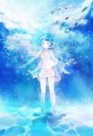  air_bubble barefoot bloomers blue_eyes blue_hair bubble dress highres original short_hair sleeveless solo submerged underwater underwear water yuu_(plasm) 