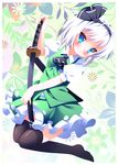  ascot black_hairband black_legwear blue_eyes hairband highres holding katana kneeling konpaku_youmu looking_at_viewer no_shoes short_hair smile solo sword thighhighs touhou weapon white_hair zefa_(neoaltemice) zettai_ryouiki 