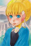  adelie_(space_dandy) blonde_hair blue_eyes blush hair_bun highres looking_at_viewer marker_(medium) pout seef solo space_dandy traditional_media 