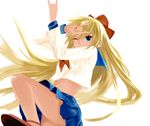  \m/ aino_minako bad_id bad_pixiv_id bare_legs bishoujo_senshi_sailor_moon blonde_hair blue_eyes blue_sailor_collar blue_skirt bow covering_mouth crop_top crop_top_overhang earrings floating_hair from_below hair_bow jewelry loli_bushi long_hair looking_at_viewer midriff one_eye_closed red_bow sailor_collar school_uniform serafuku shiba_koen_middle_school_uniform skirt solo stud_earrings white_background 