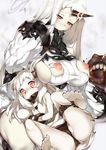  bare_shoulders barefoot black_panties blush breasts claws detached_sleeves dress hidebuu horn horns kantai_collection large_breasts long_hair mittens multiple_girls nipples northern_ocean_hime pale_skin panties pussy_peek red_eyes ribbed_dress seaport_hime shinkaisei-kan tears torn_clothes underwear white_dress white_hair 