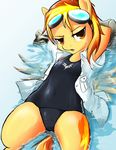  anthro arms_behind_head clothed clothing cutie_mark d-lowell equine eyewear feathers female friendship_is_magic fur goggles hair hooves horse long_hair looking_at_viewer lying mammal my_little_pony navel open_mouth orange_eyes orange_hair outside pegasus pony presenting solo spitfire_(mlp) swimsuit two_tone_hair water wet wet_hair wings wonderbolts_(mlp) yellow_fur 