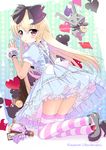  alice_(wonderland) alice_(wonderland)_(cosplay) alice_in_wonderland artist_name black_bow black_footwear blonde_hair bloomers blue_dress blush bottle bow brown_eyes club_(shape) cosplay diamond_(shape) dress frilled_dress frills from_behind hair_bow heart kantai_collection kasane kneeling long_hair looking_at_viewer looking_back mary_janes petticoat rensouhou-chan shimakaze_(kantai_collection) shoes spade_(shape) striped striped_legwear thighhighs underwear white_bow white_rabbit white_rabbit_(cosplay) wrist_cuffs 