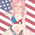  1girl amatsuka_megumi_(gj-bu) american_flag american_flag_bikini annosada bad_id bad_pixiv_id belt bikini bow breasts buckle cleavage closed_eyes collarbone cowgirl_position cum cum_in_pussy drill_hair flag_background flag_print girl_on_top gj-bu hair_bow happy_sex hetero large_breasts long_hair navel open_mouth pink_hair pov sex short_shorts shorts smile solo_focus straddling sweat swimsuit twin_drills vaginal 