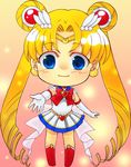  back_bow bishoujo_senshi_sailor_moon blue_eyes blue_sailor_collar blush boots bow chibi double_bun drill_hair highres long_hair magical_girl multicolored multicolored_clothes multicolored_skirt outstretched_hand pleated_skirt red_bow sailor_collar sailor_moon sailor_senshi_uniform seef skirt smile solo super_sailor_moon tiara tsukino_usagi twin_drills very_long_hair 