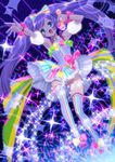  arm_up armpits bare_shoulders blue_eyes bow detached_sleeves dress glowing hair_bow highres idol looking_at_viewer manaka_lala microphone open_mouth panties pretty_(series) pripara purple_hair rainbow smile solo striped striped_legwear striped_panties suzume_inui thighhighs twintails underwear upskirt 