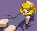  :d blonde_hair hairband kise_yayoi looking_at_viewer lying on_back one-piece_swimsuit open_mouth partially_submerged precure purple_background rohitsuka short_hair simple_background sketch smile smile_precure! solo swimsuit water white_hairband yellow_eyes 
