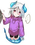  1boy :&lt; bad_id bad_pixiv_id blush erubo hood hoodie horn horns original pulling silver_hair sweater tail yuran_(erubo) 