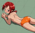  ass blush green_background hino_akane_(smile_precure!) looking_at_viewer lowres lying on_stomach open_mouth precure red_eyes red_hair rohitsuka short_hair sketch smile_precure! solo topless 