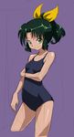  green_eyes green_hair looking_at_viewer midorikawa_nao one-piece_swimsuit ponytail precure purple_background rohitsuka short_hair simple_background sketch smile smile_precure! solo swimsuit 