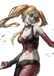  batman:_arkham_city batman_(series) belt blonde_hair blue_eyes breasts collar dc_comics elbow_gloves fingerless_gloves gloves harley_quinn long_hair looking_at_viewer medium_breasts midriff navel parted_lips smile solo twintails white_background yinanhuanle 