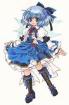  adapted_costume alternate_costume blue_eyes blue_hair bow chino_(ch_no) cirno embellished_costume full_body hair_bow hair_ribbon highres ice ice_wings looking_at_viewer ribbon short_hair solo standing touhou traditional_media wings 