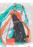  aqua_eyes aqua_hair bag coat earmuffs hand_in_pocket hatsune_miku long_hair mavis scarf solo twintails very_long_hair vocaloid 